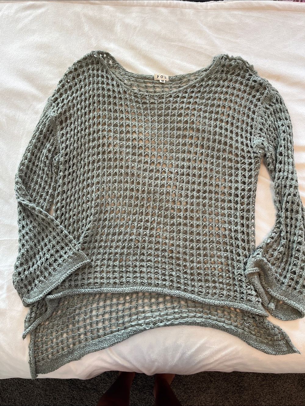 POL Open-Knit Scoop Neck Sweater in Sage Green